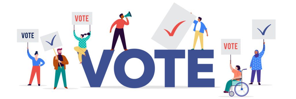 Illustration of people with and without disabilities gathered around the word "VOTE".