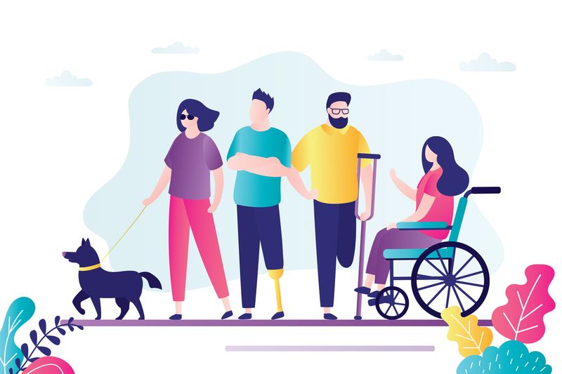 Illustration of group of people with different disabilities in an outdoor setting.